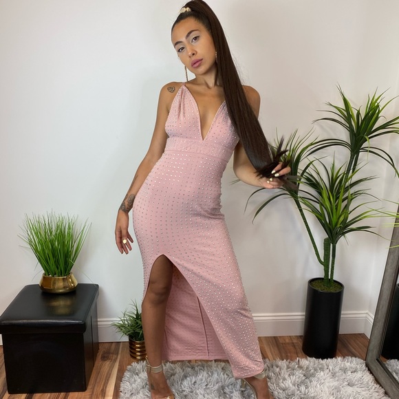 ‼️ Pink Diamond Stud Maxi Dress Leg Split Straps - Picture 5 of 8